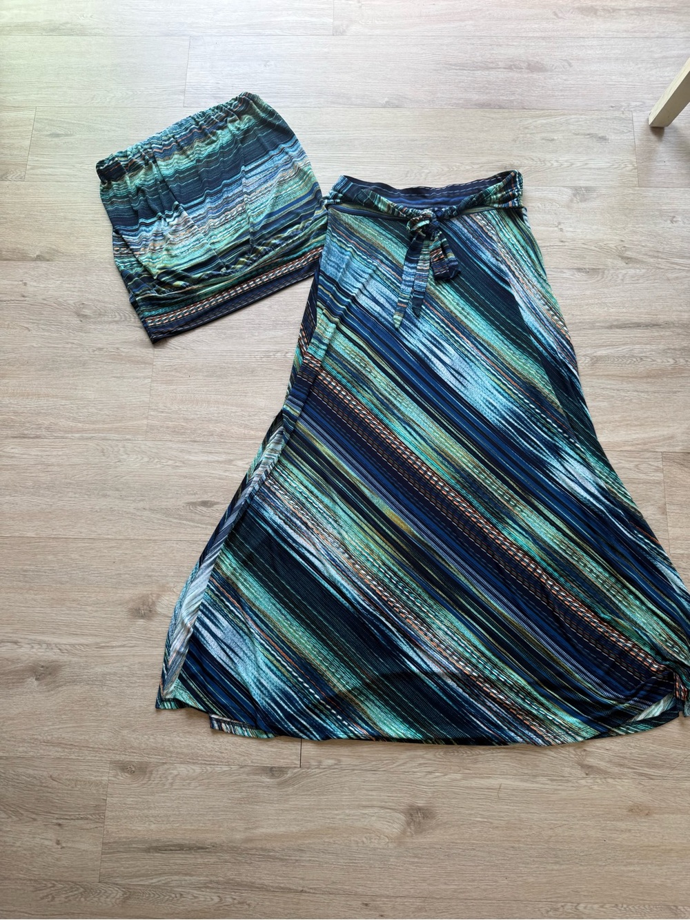 Veronica M Striped Maxi Skirt Set in Blue and Green